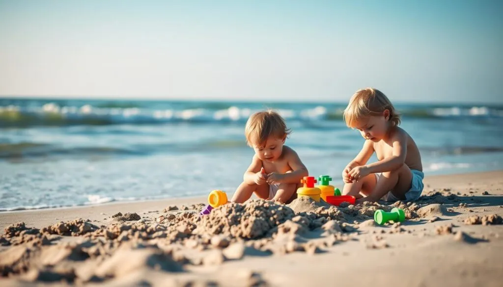 Kleine Kinder am Strand mit Spielzeug
